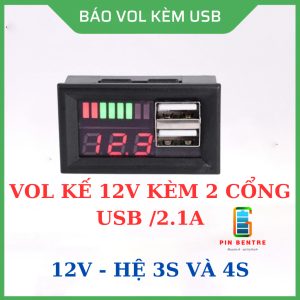 Vol Kế 12V Kèm 2 Cổng USB 2.1A dành hệ Pin 3S và 4S